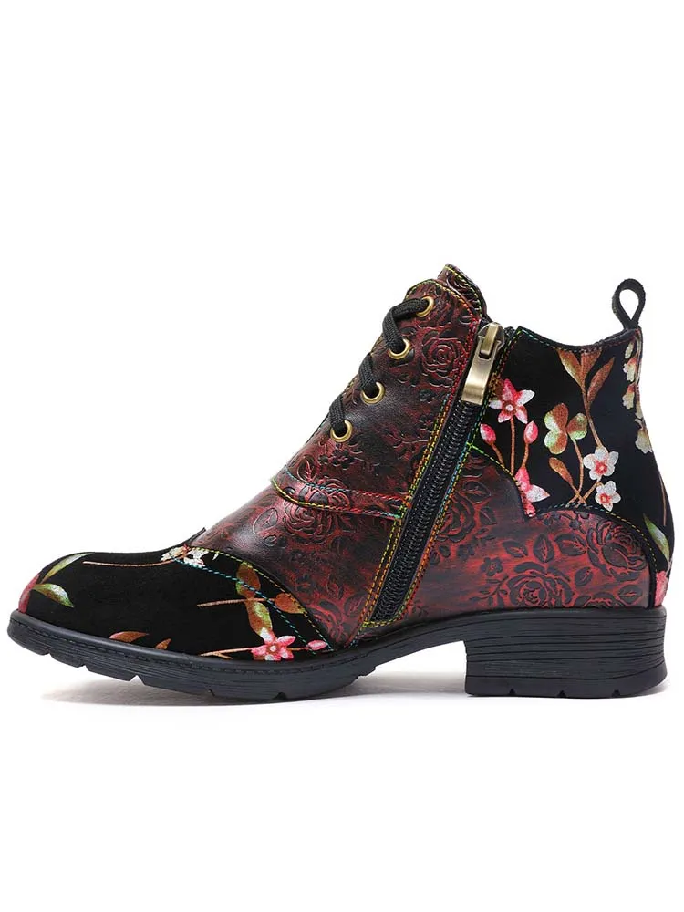Genuine Leather Embossed Comfy Ankle Boots