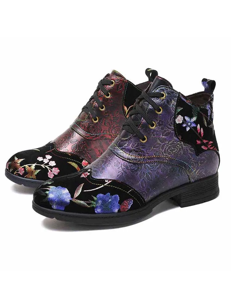 Genuine Leather Embossed Comfy Ankle Boots