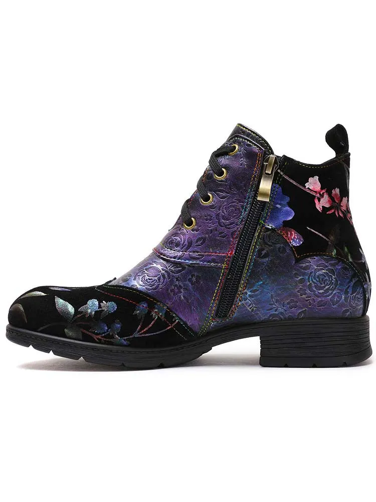 Genuine Leather Embossed Comfy Ankle Boots