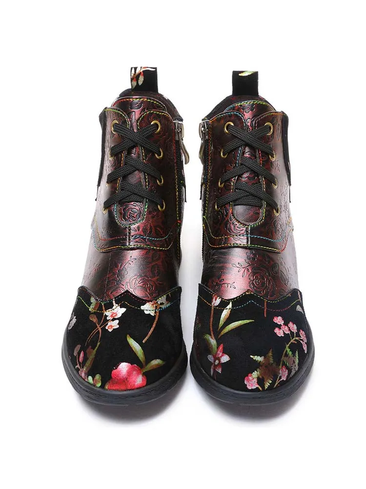 Genuine Leather Embossed Comfy Ankle Boots