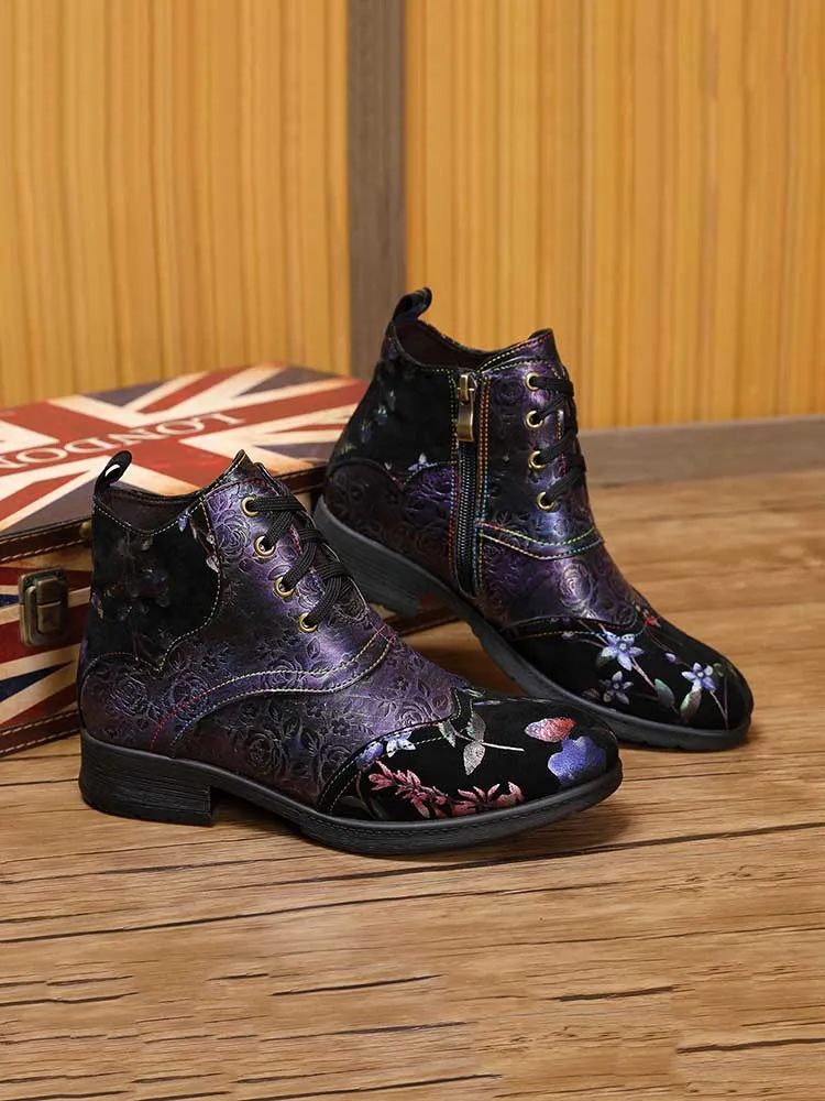 Genuine Leather Embossed Comfy Ankle Boots