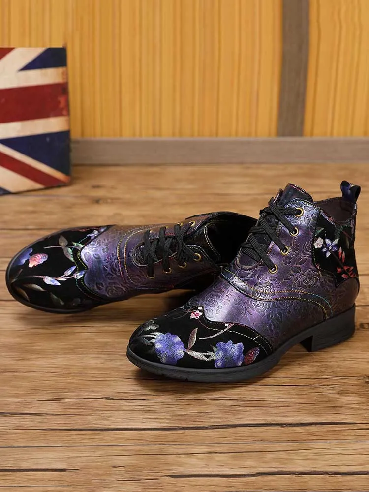 Genuine Leather Embossed Comfy Ankle Boots