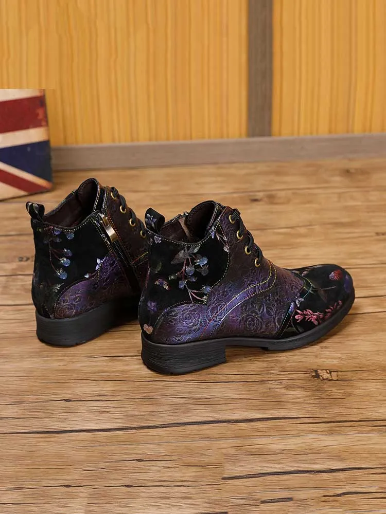 Genuine Leather Embossed Comfy Ankle Boots