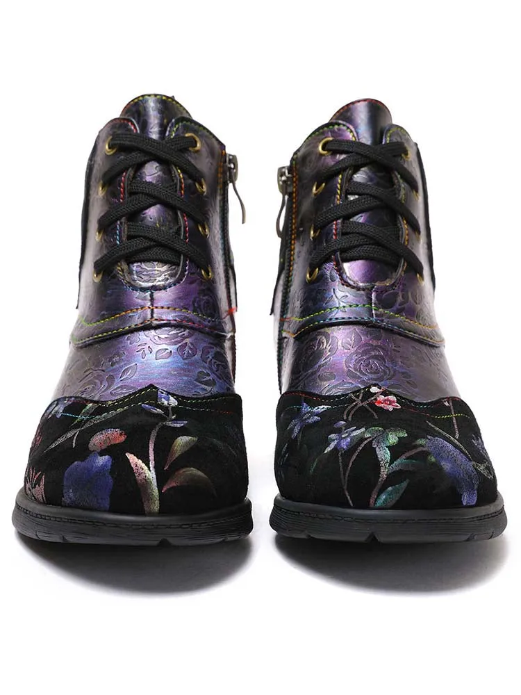 Genuine Leather Embossed Comfy Ankle Boots
