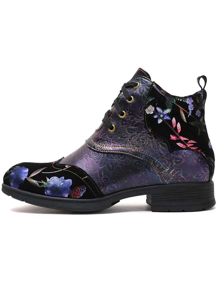 Genuine Leather Embossed Comfy Ankle Boots