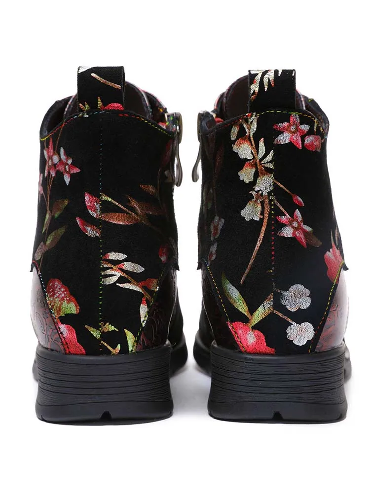 Genuine Leather Embossed Comfy Ankle Boots