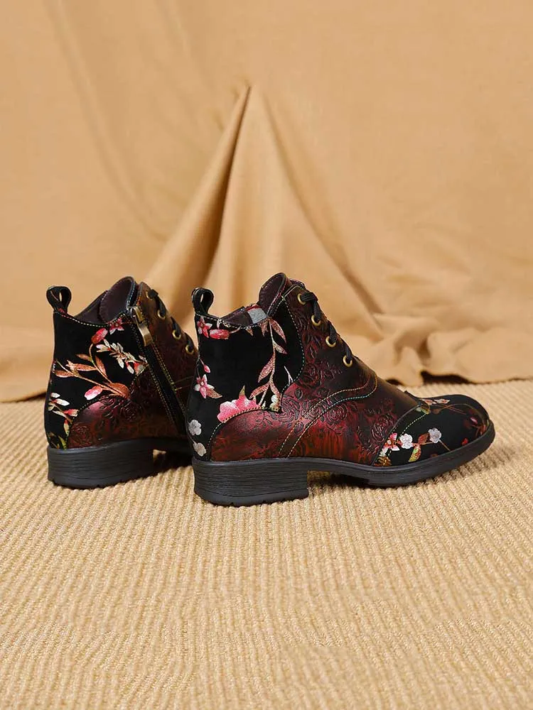 Genuine Leather Embossed Comfy Ankle Boots