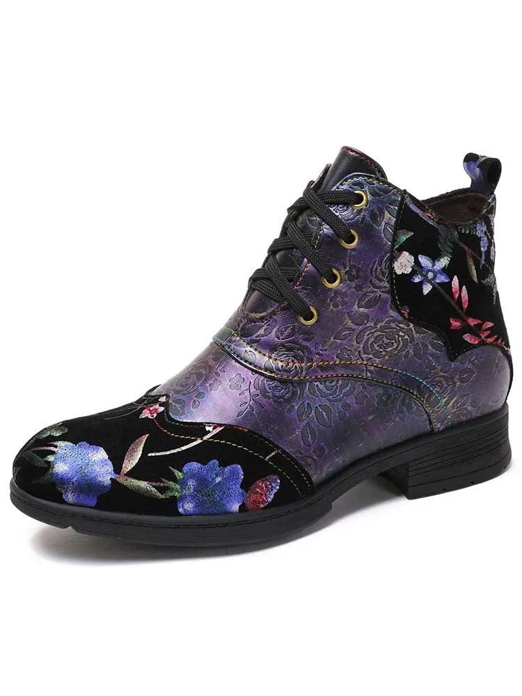 Genuine Leather Embossed Comfy Ankle Boots