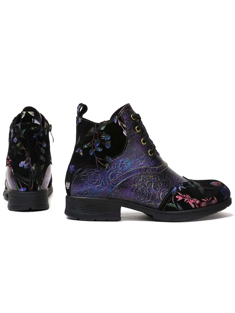 Genuine Leather Embossed Comfy Ankle Boots