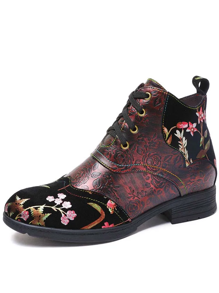Genuine Leather Embossed Comfy Ankle Boots