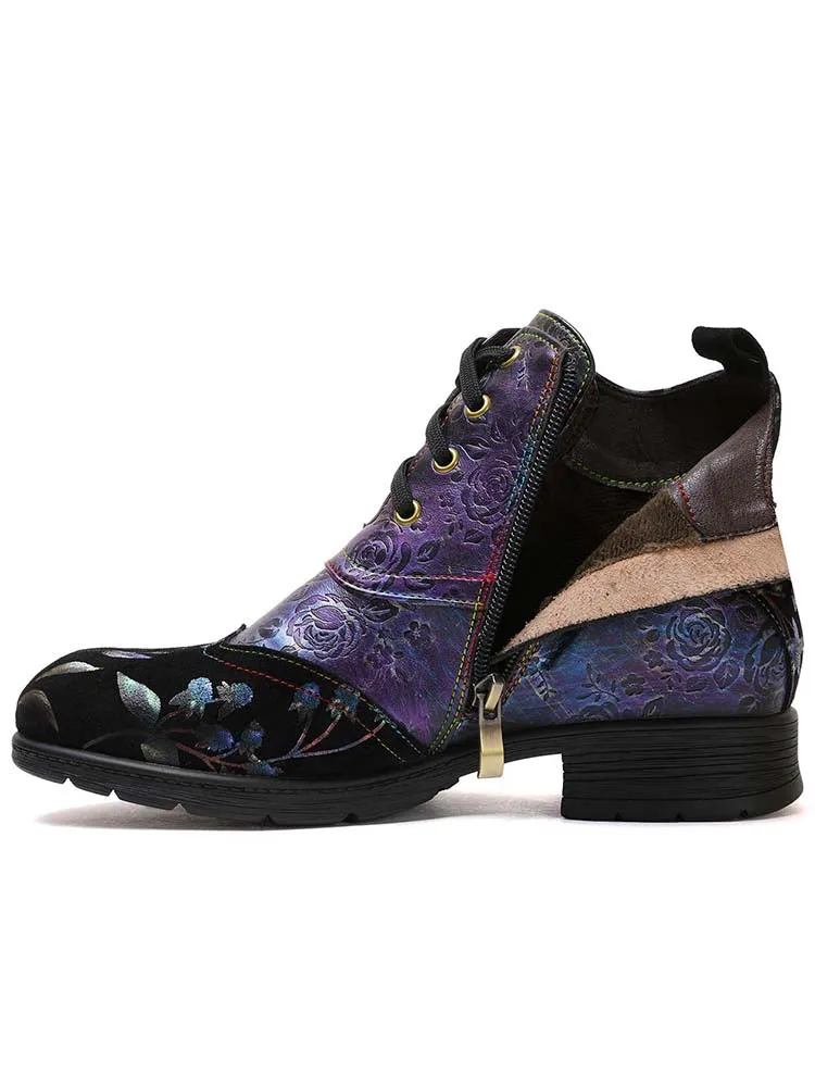 Genuine Leather Embossed Comfy Ankle Boots