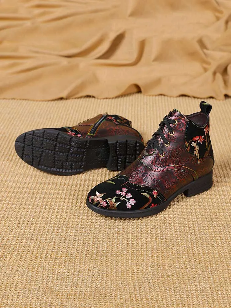 Genuine Leather Embossed Comfy Ankle Boots