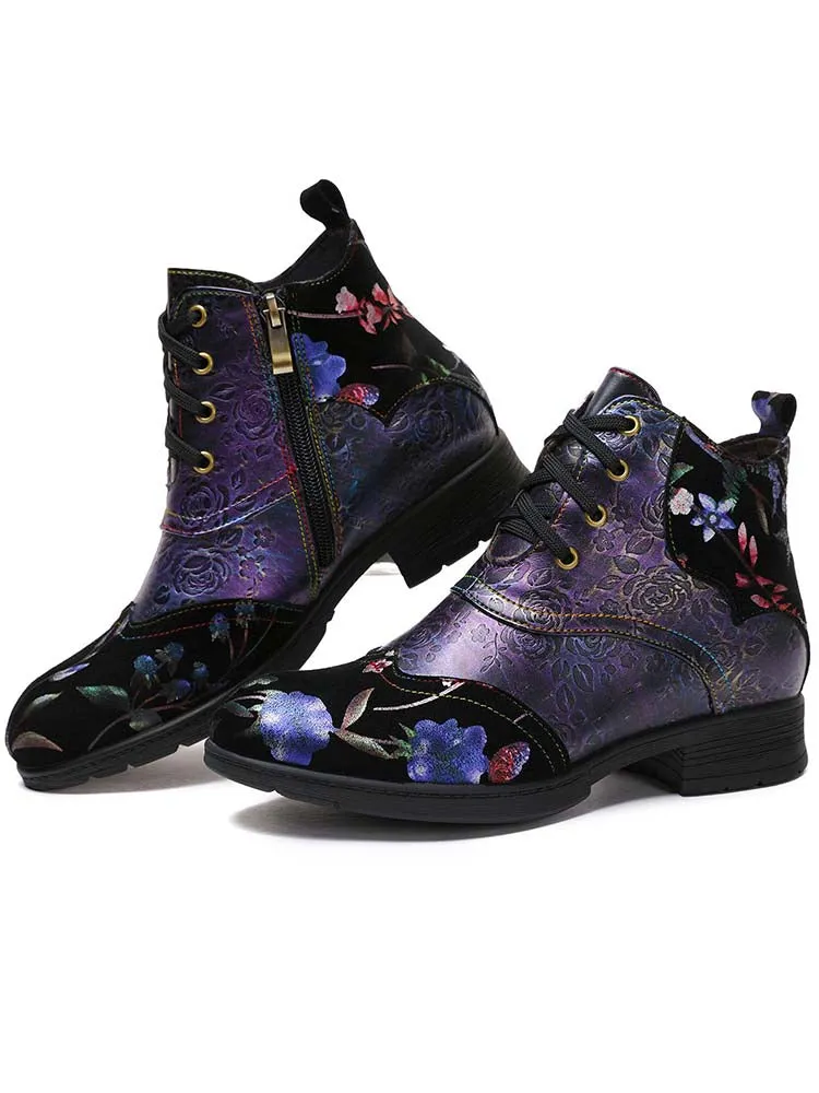 Genuine Leather Embossed Comfy Ankle Boots