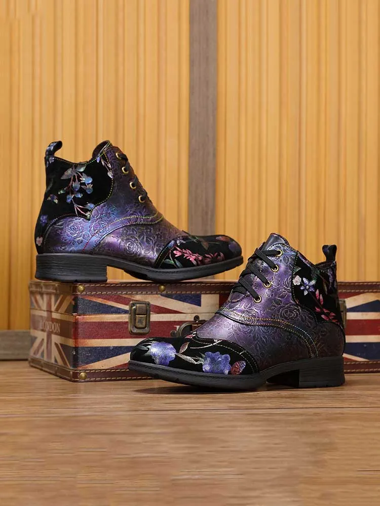 Genuine Leather Embossed Comfy Ankle Boots