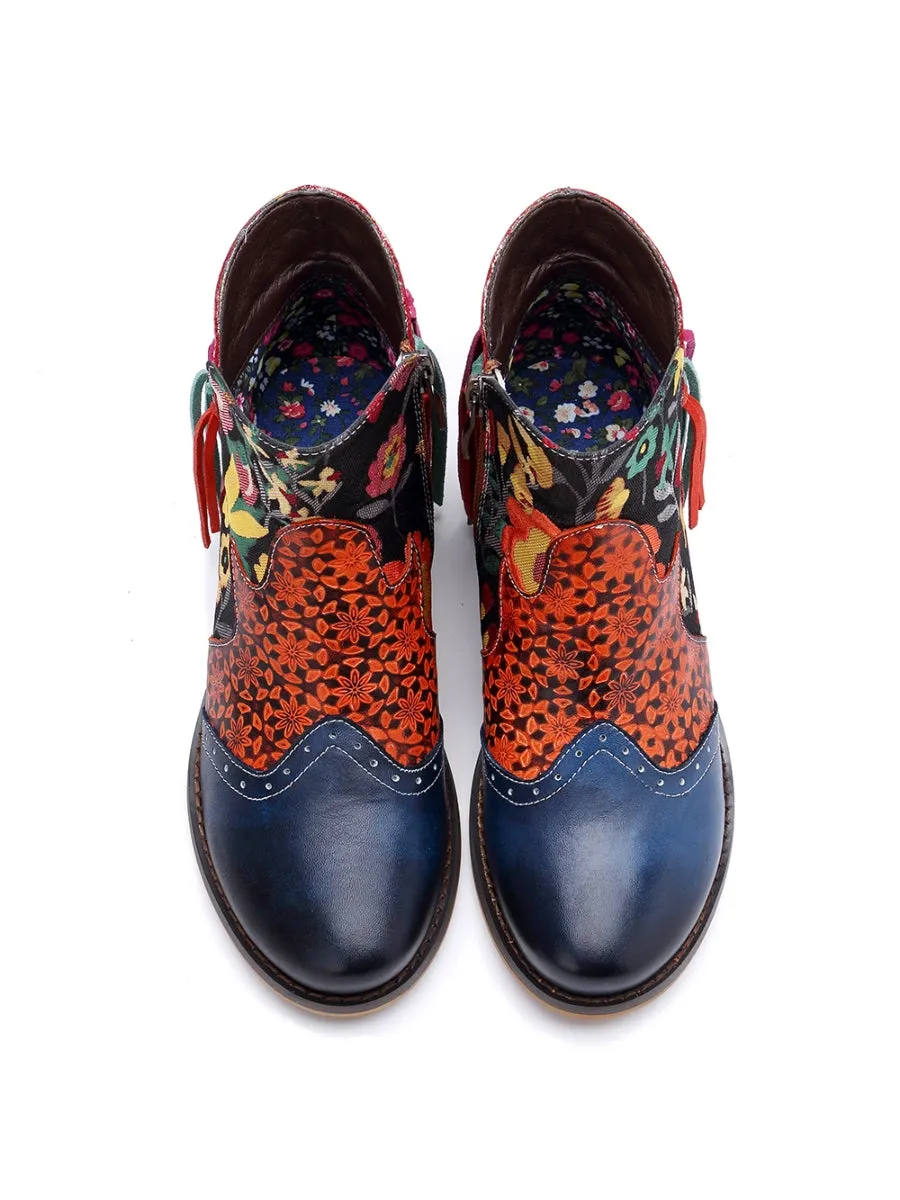 Genuine Leather Navy Orange Tasselled Ankle Booties Flat Boots