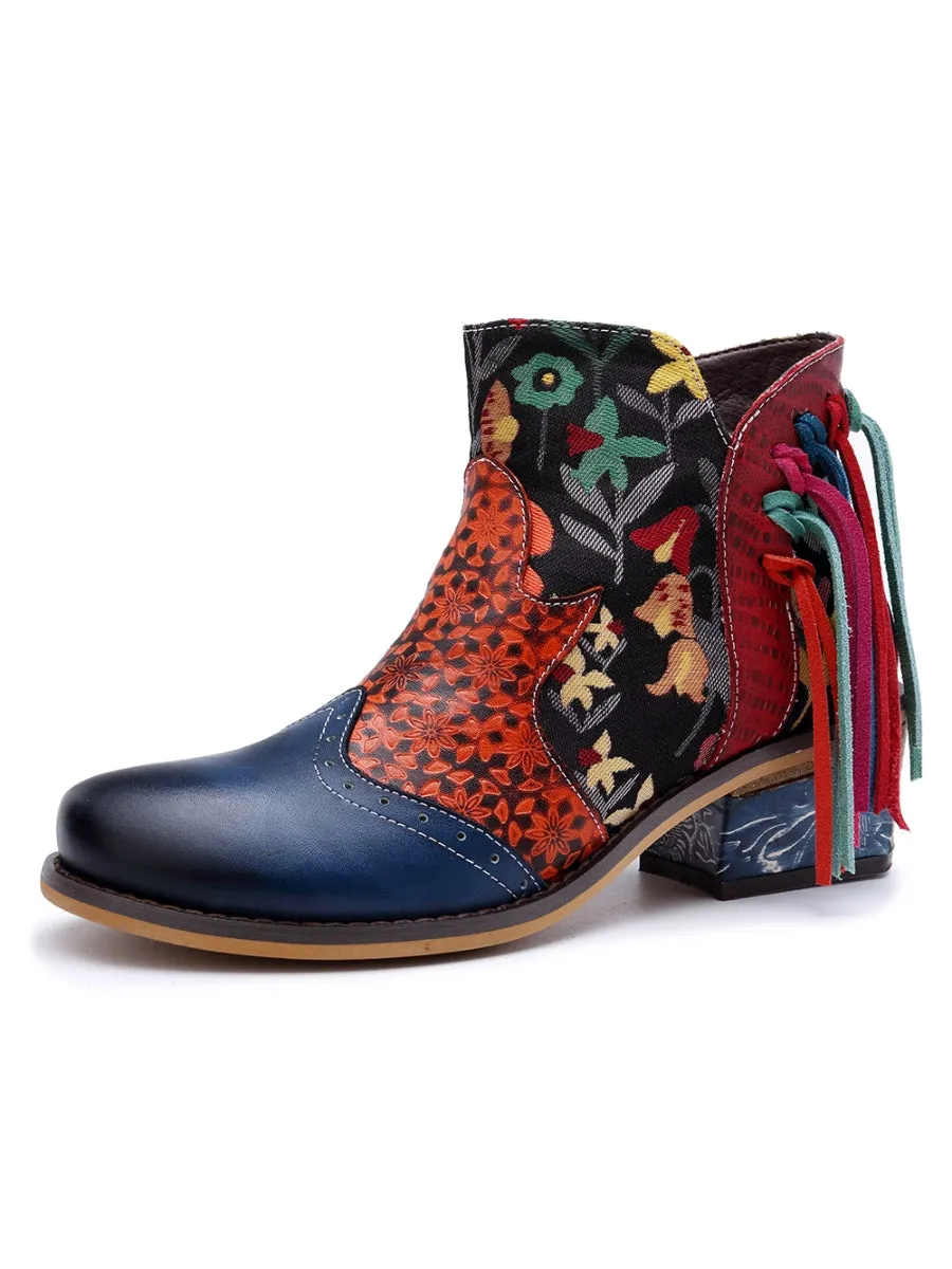 Genuine Leather Navy Orange Tasselled Ankle Booties Flat Boots