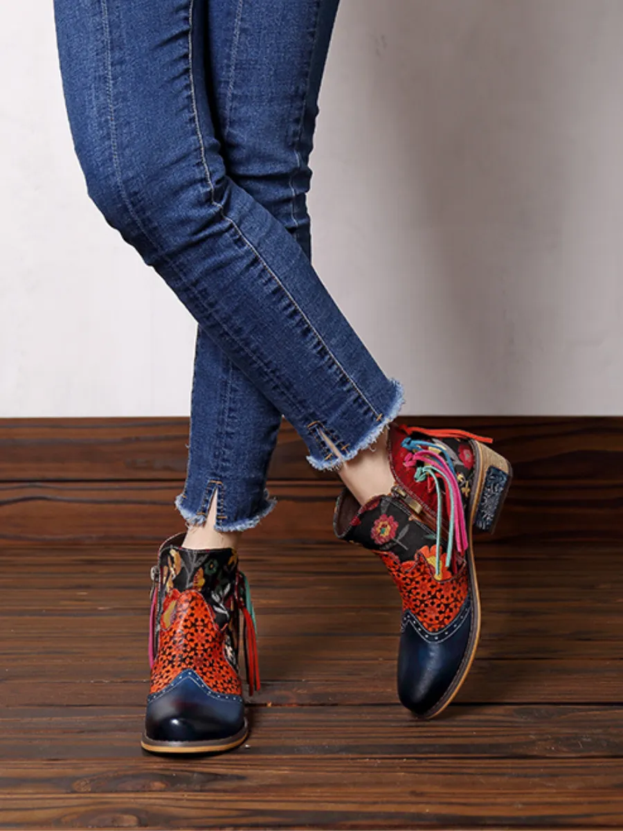 Genuine Leather Navy Orange Tasselled Ankle Booties Flat Boots