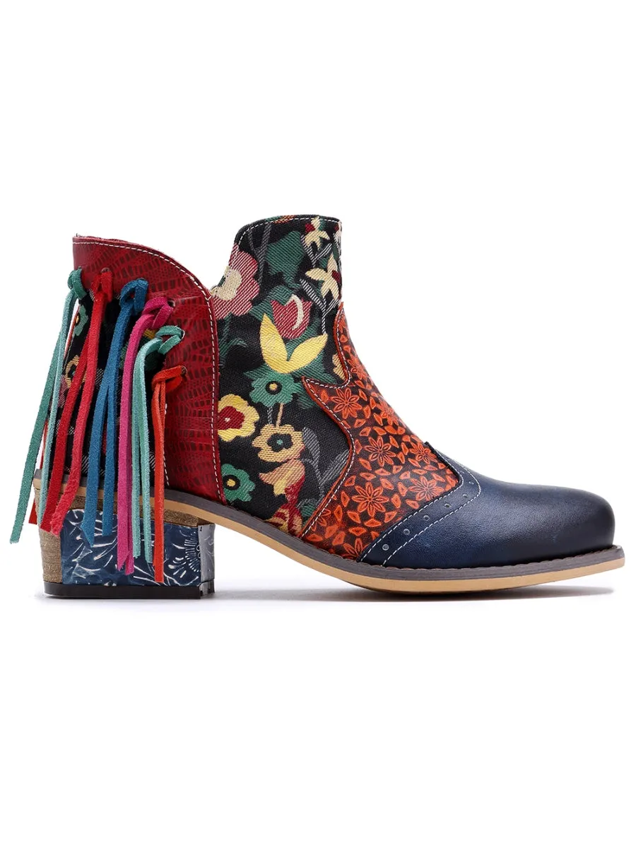 Genuine Leather Navy Orange Tasselled Ankle Booties Flat Boots