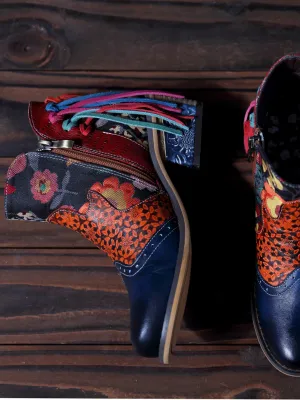 Genuine Leather Navy Orange Tasselled Ankle Booties Flat Boots