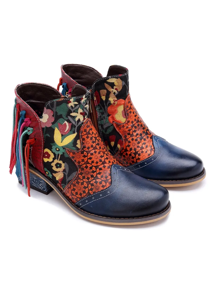 Genuine Leather Navy Orange Tasselled Ankle Booties Flat Boots