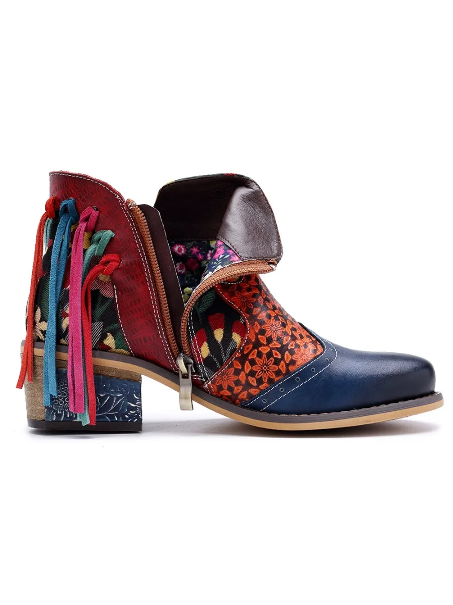Genuine Leather Navy Orange Tasselled Ankle Booties Flat Boots