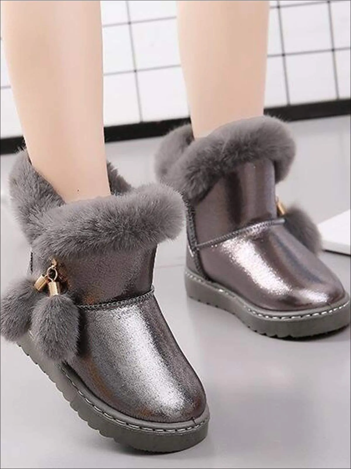 Girls Metallic Faux Fur Trimmed Winter Booties By Liv and Mia