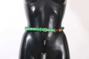 Green Leather Crystal Flower Waist Wrap Belt
