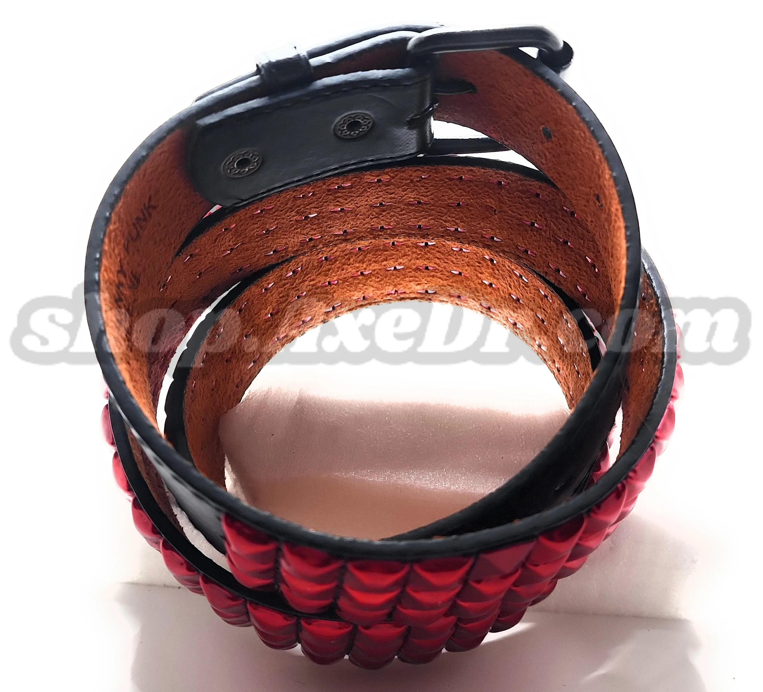 Handmade Candy Apple Red Pyramid Studded Stitched Leather Belt Punk