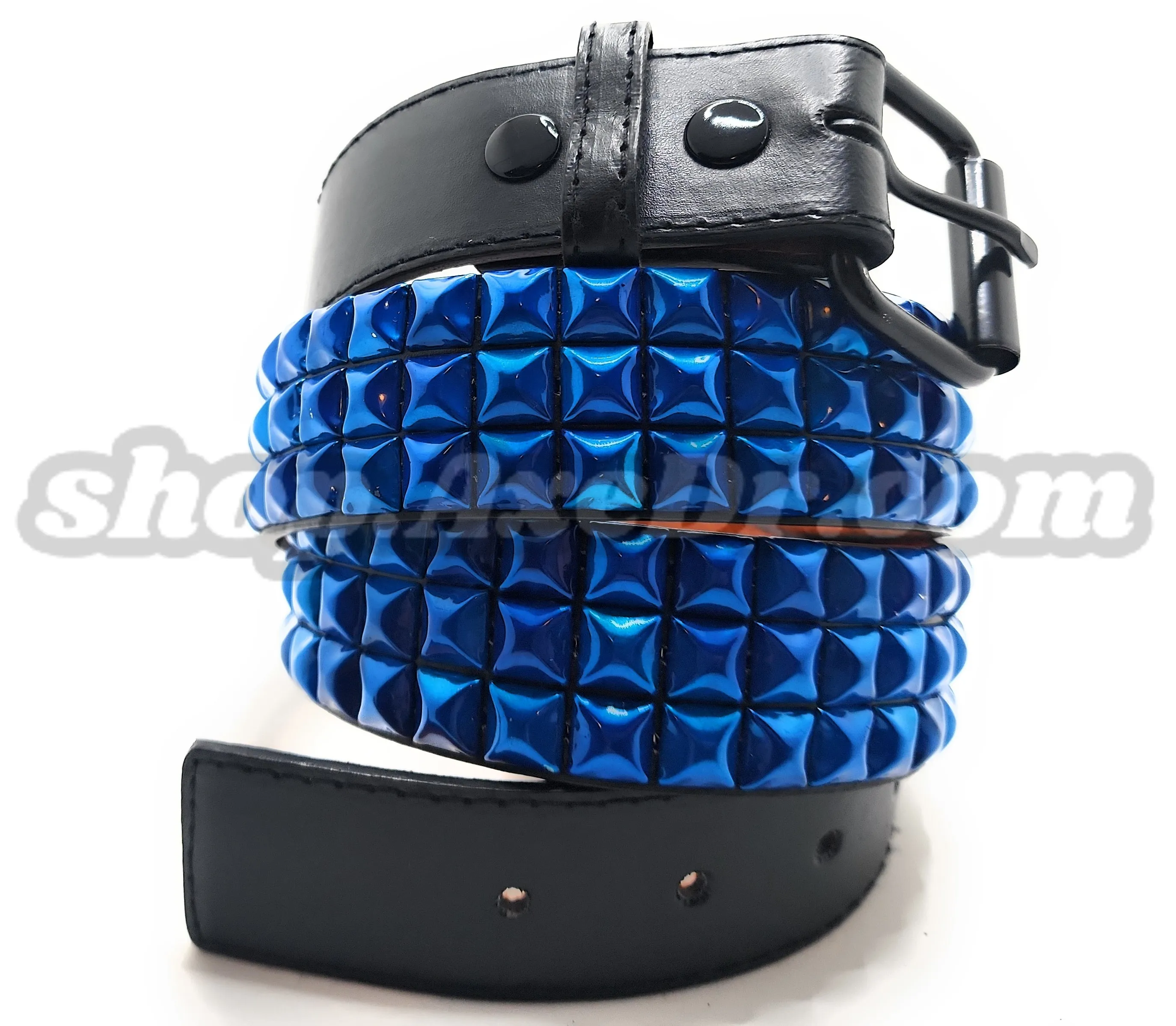 Handmade Pearl Blue Pyramid Studded Stitched Leather Belt Punk