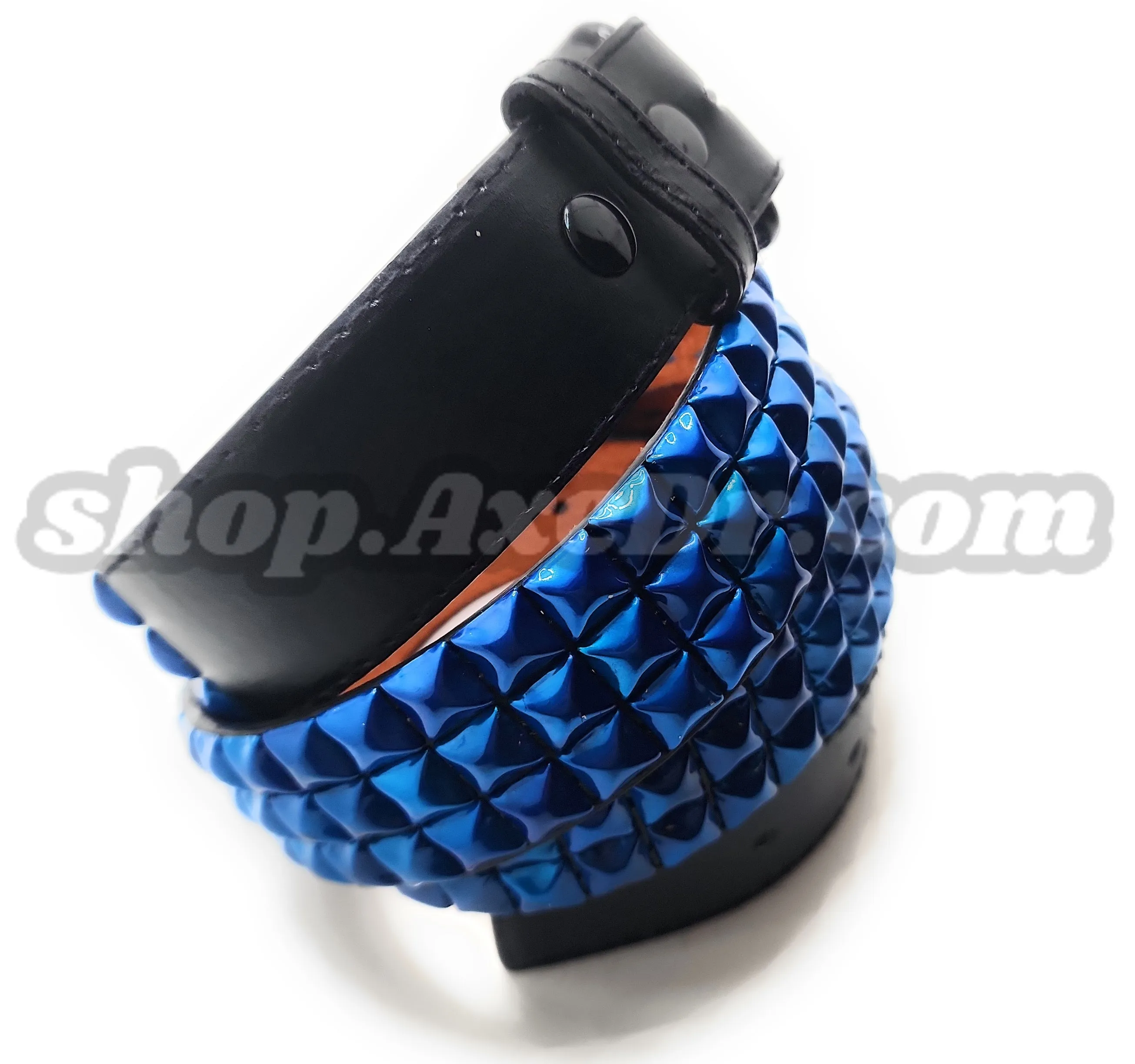 Handmade Pearl Blue Pyramid Studded Stitched Leather Belt Punk