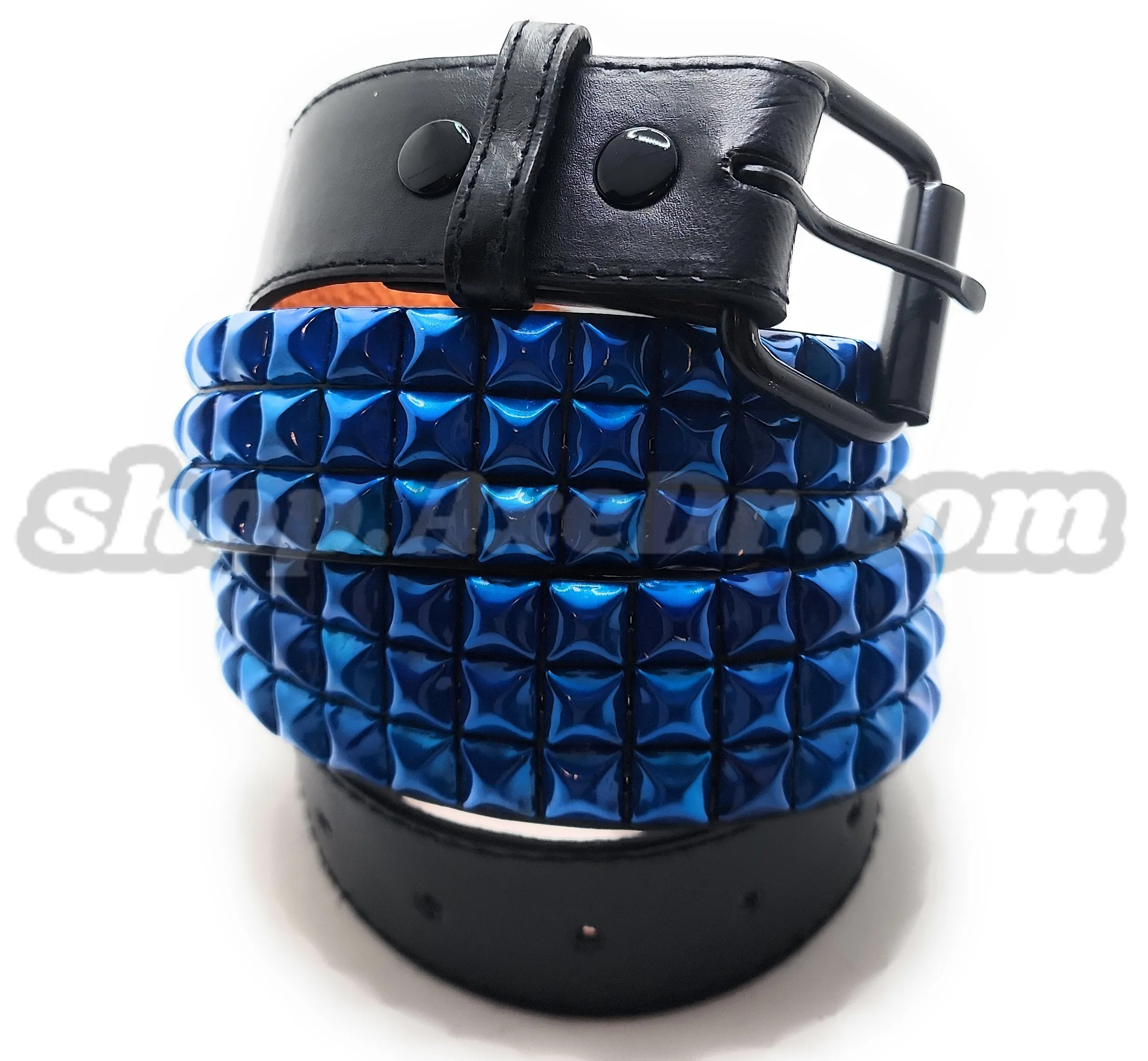 Handmade Pearl Blue Pyramid Studded Stitched Leather Belt Punk