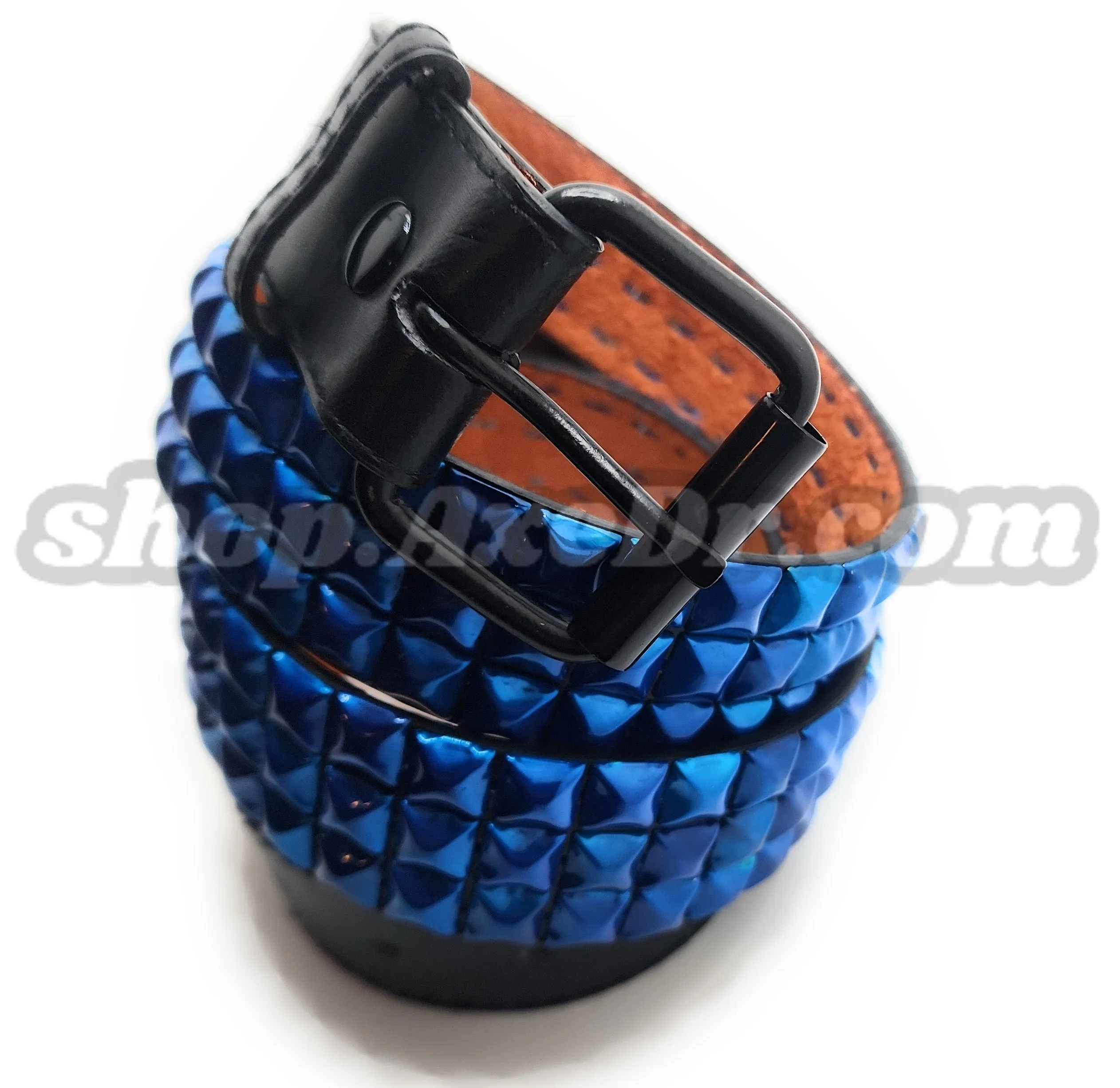 Handmade Pearl Blue Pyramid Studded Stitched Leather Belt Punk