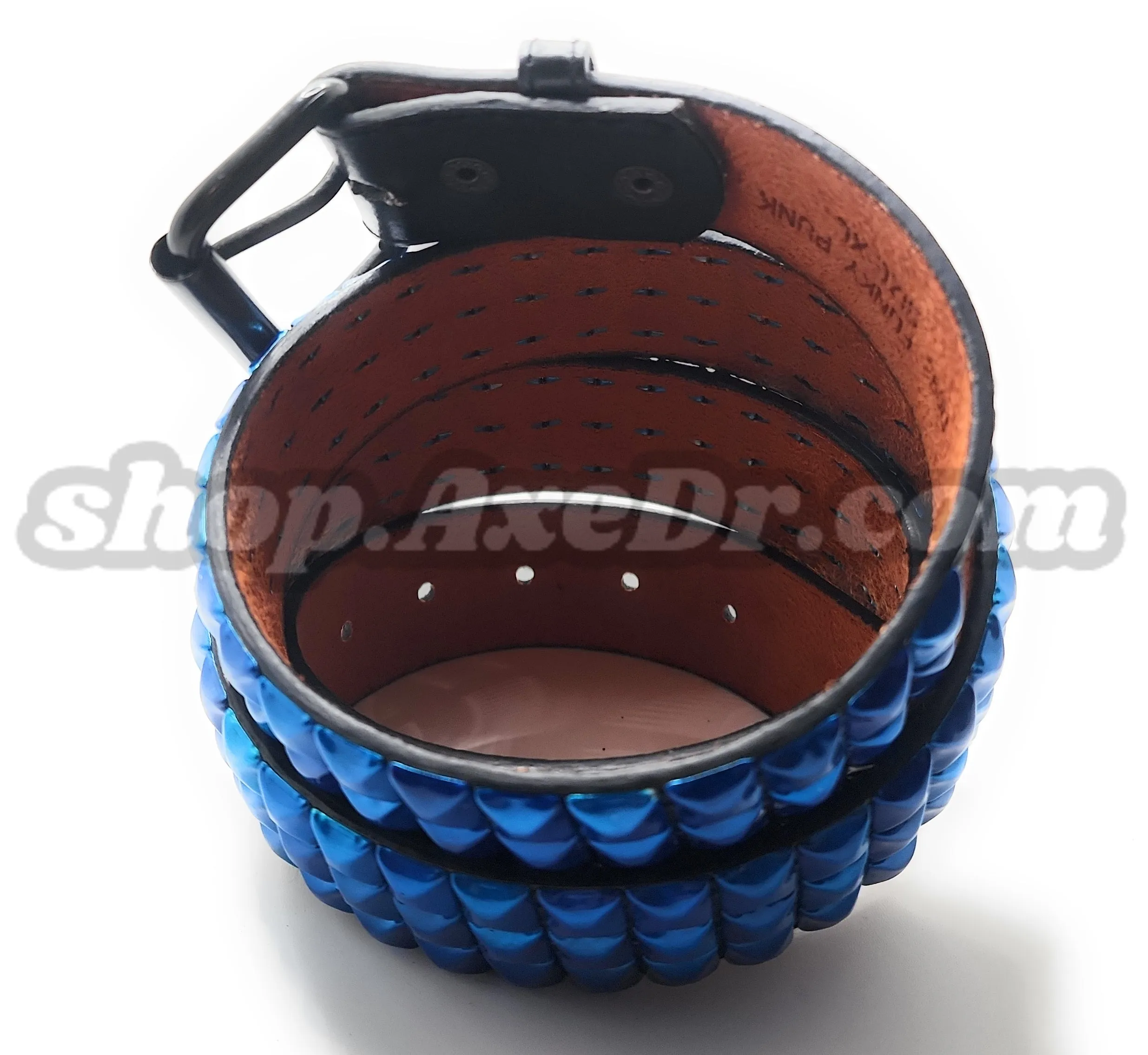Handmade Pearl Blue Pyramid Studded Stitched Leather Belt Punk