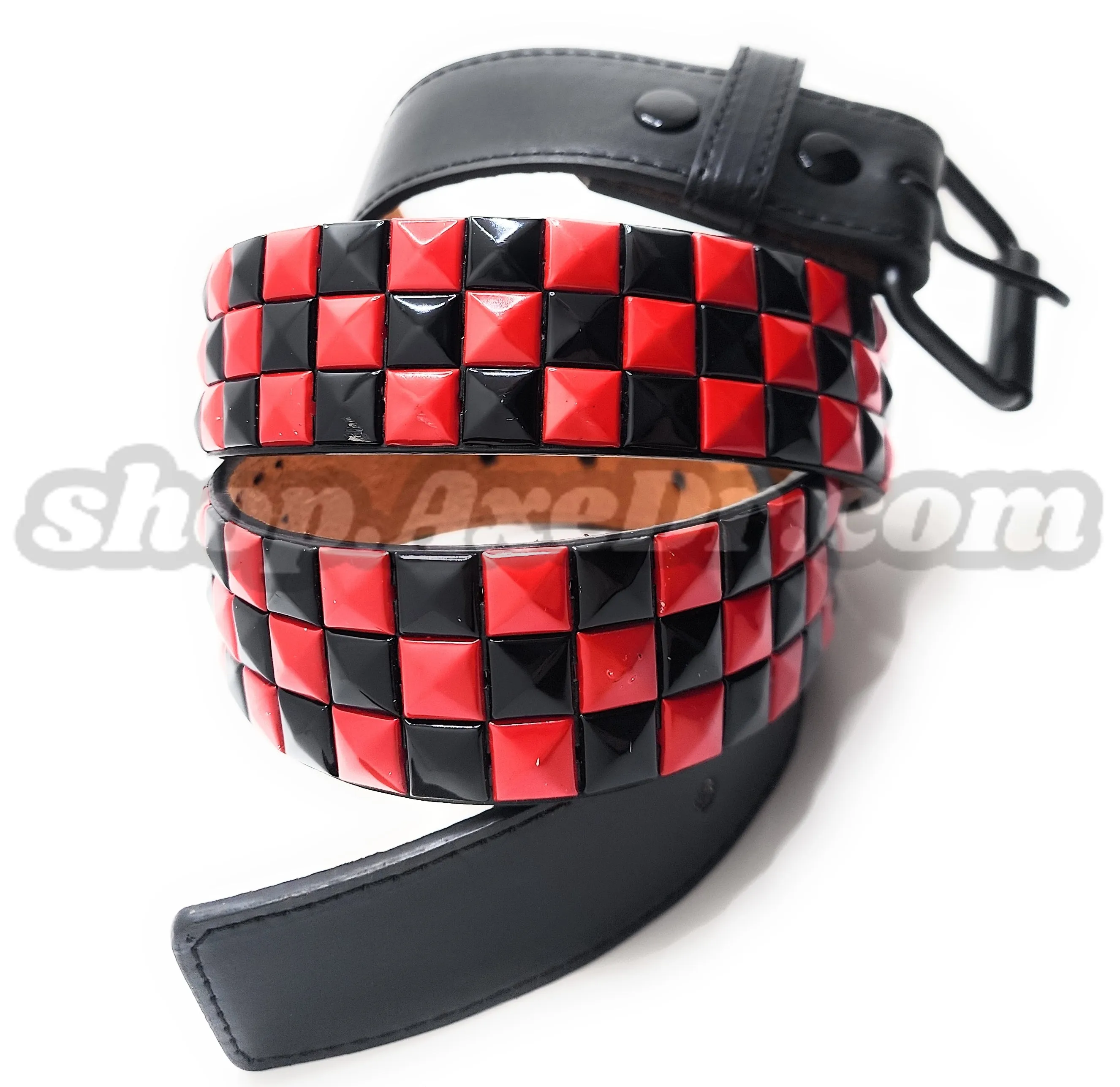 Handmade Red and Black Checker Pyramid Studded Stitched Leather Belt Punk