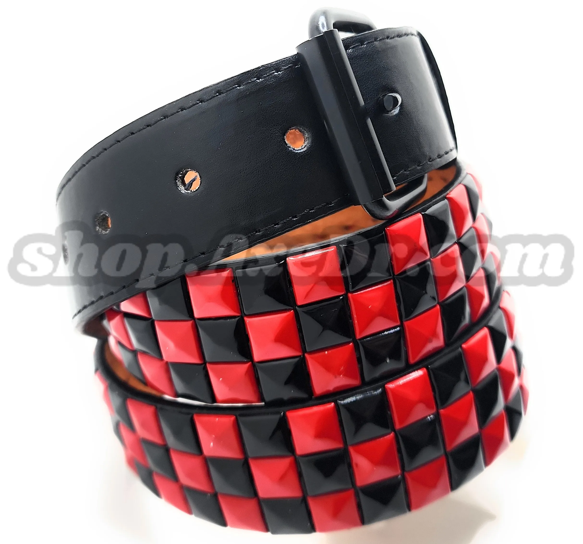 Handmade Red and Black Checker Pyramid Studded Stitched Leather Belt Punk