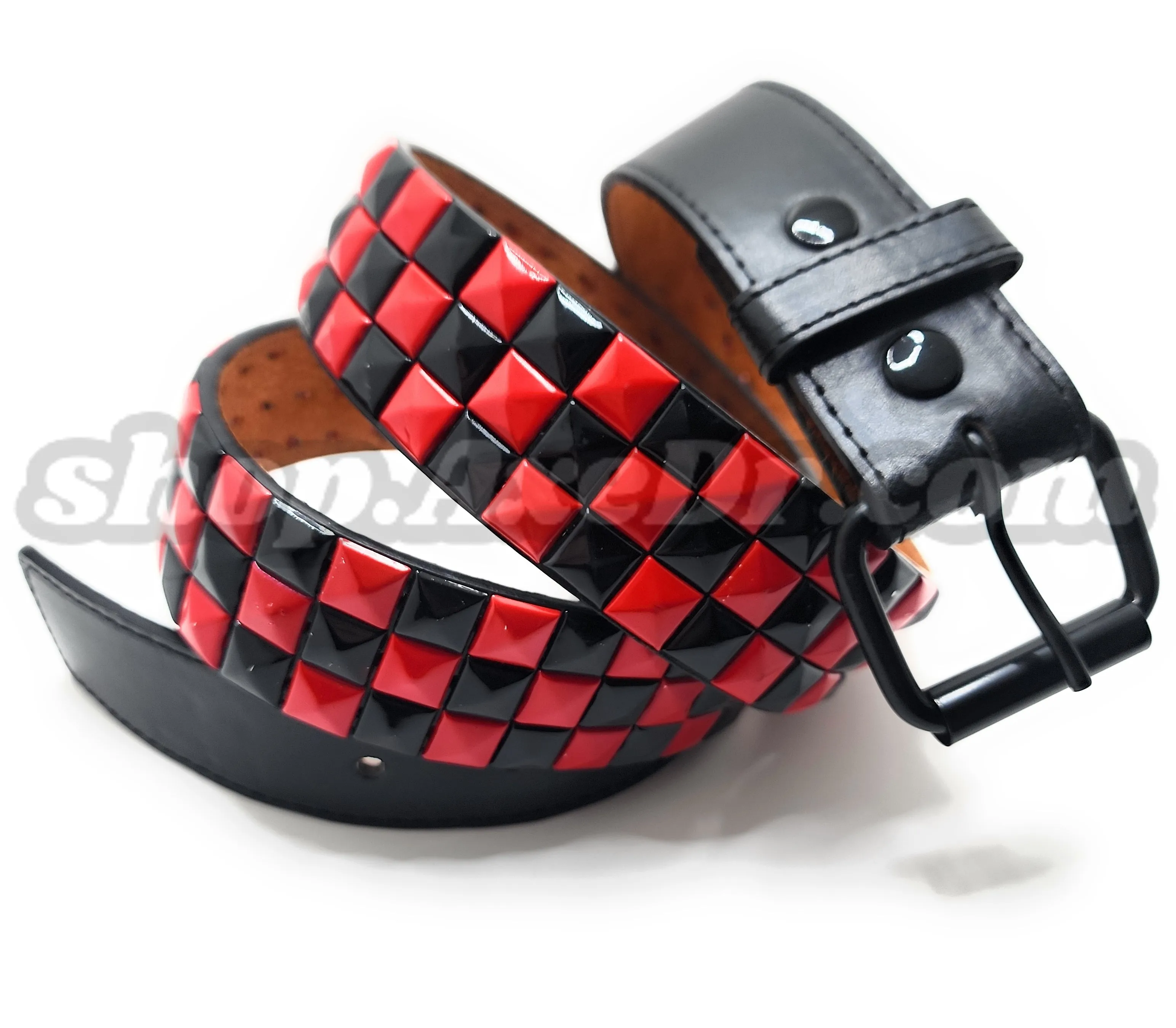 Handmade Red and Black Checker Pyramid Studded Stitched Leather Belt Punk