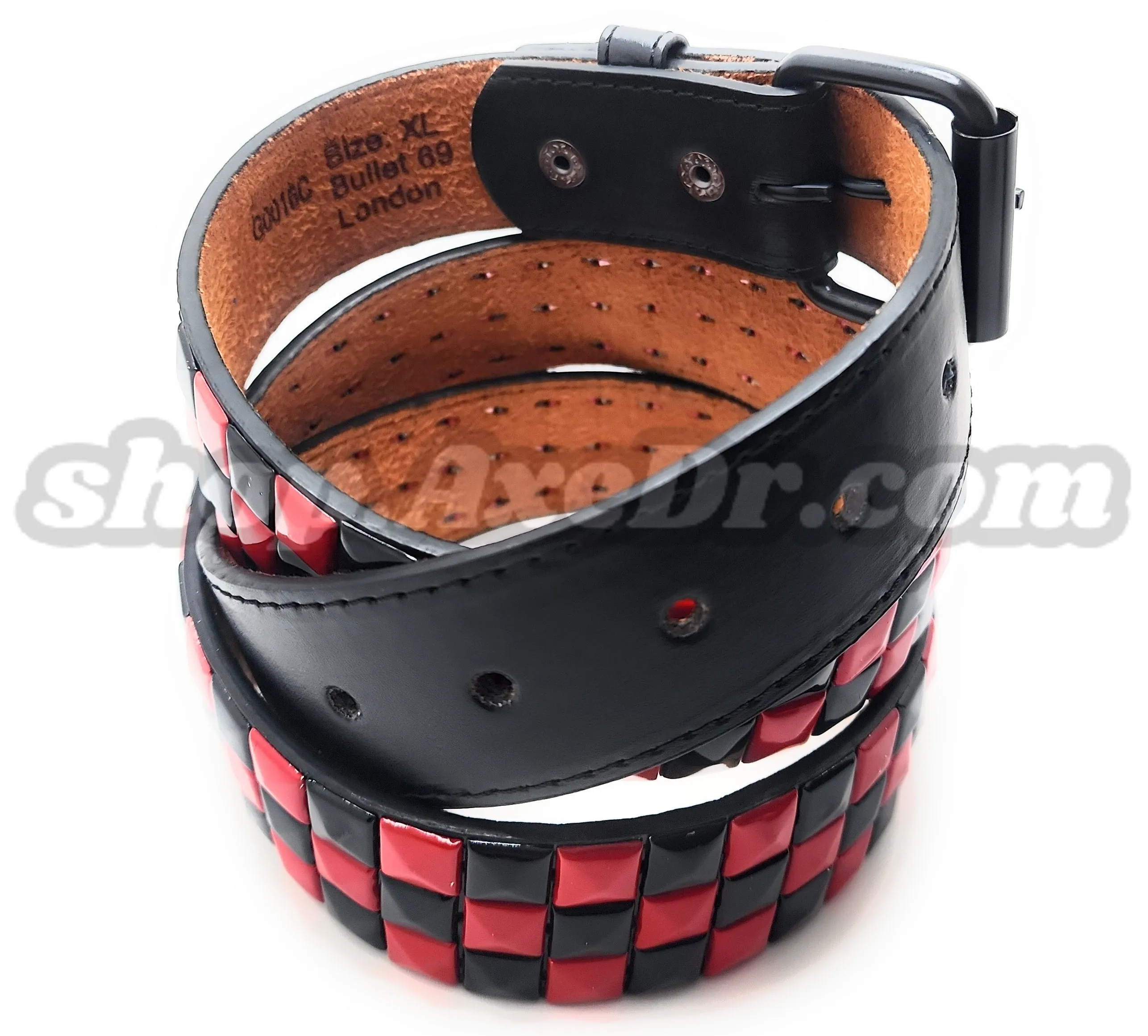 Handmade Red and Black Checker Pyramid Studded Stitched Leather Belt Punk