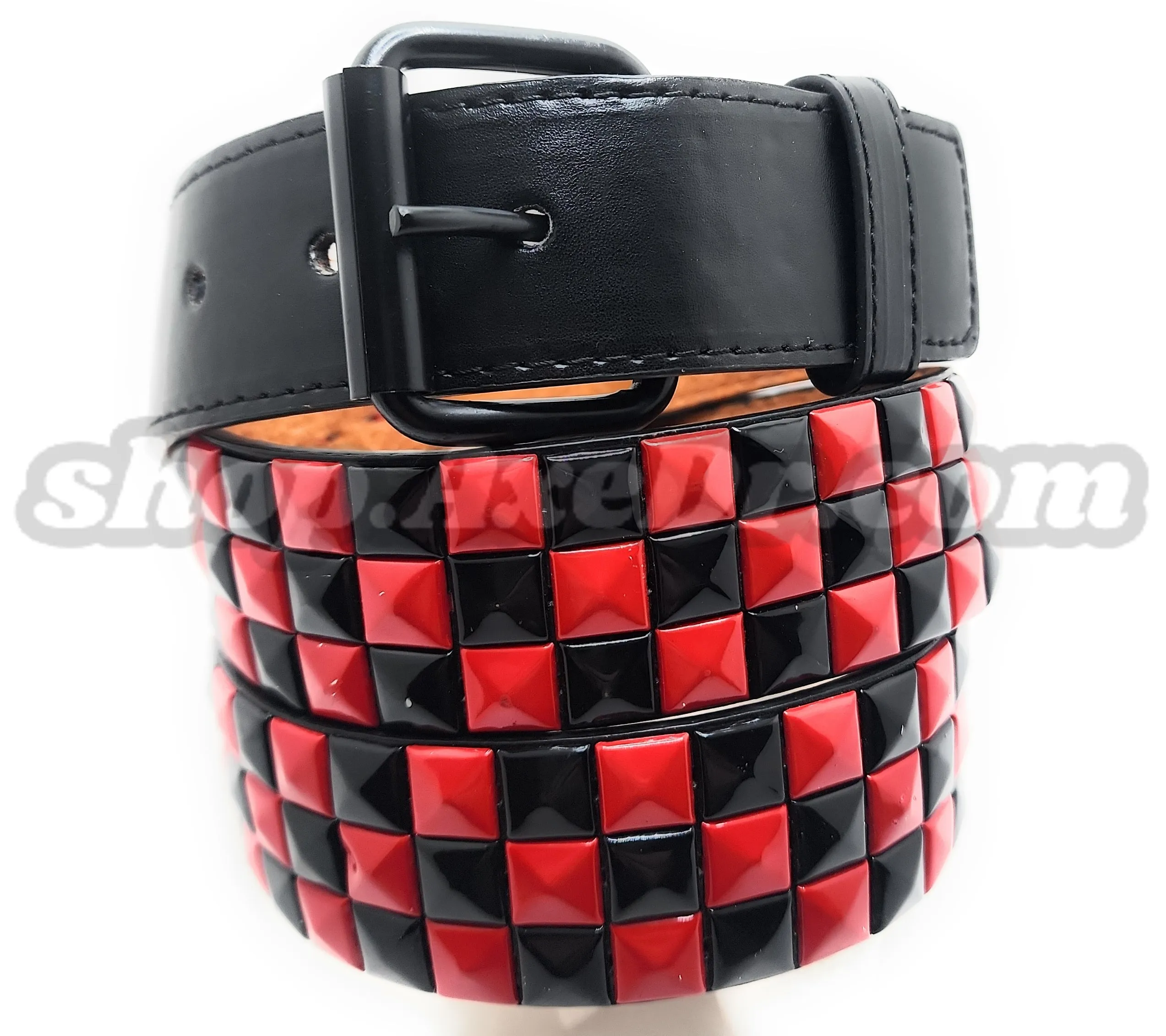 Handmade Red and Black Checker Pyramid Studded Stitched Leather Belt Punk