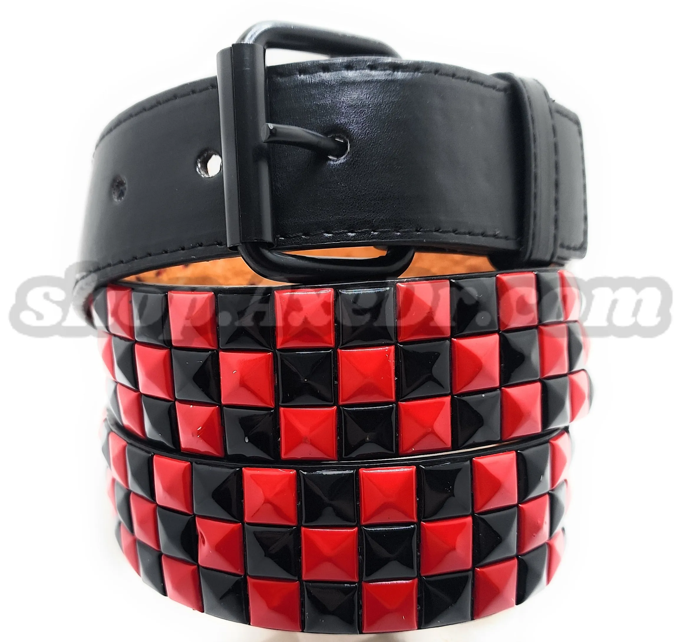 Handmade Red and Black Checker Pyramid Studded Stitched Leather Belt Punk