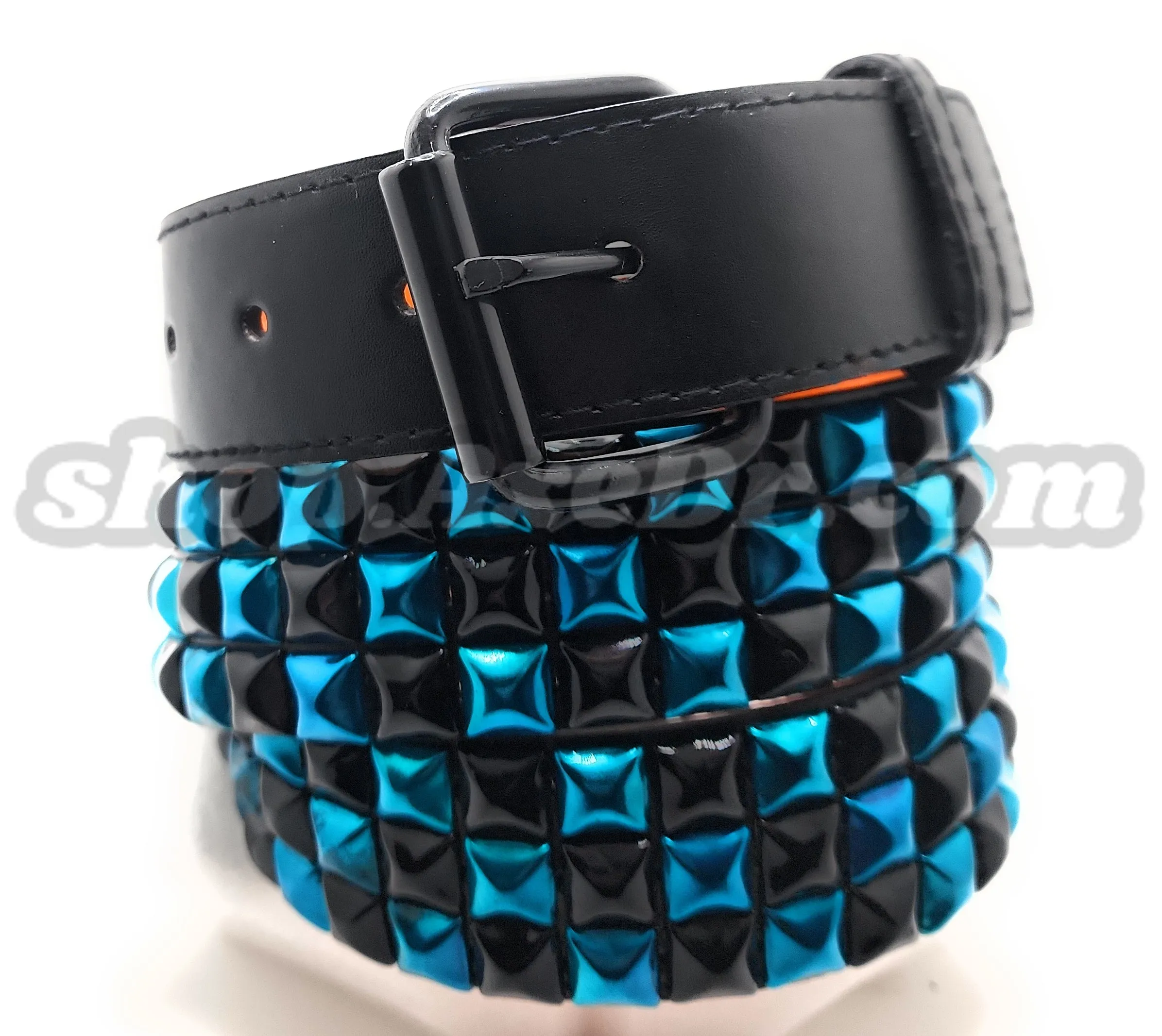 Handmade Sky Blue and Black Checker Pyramid Studded Stitched Leather Belt Punk