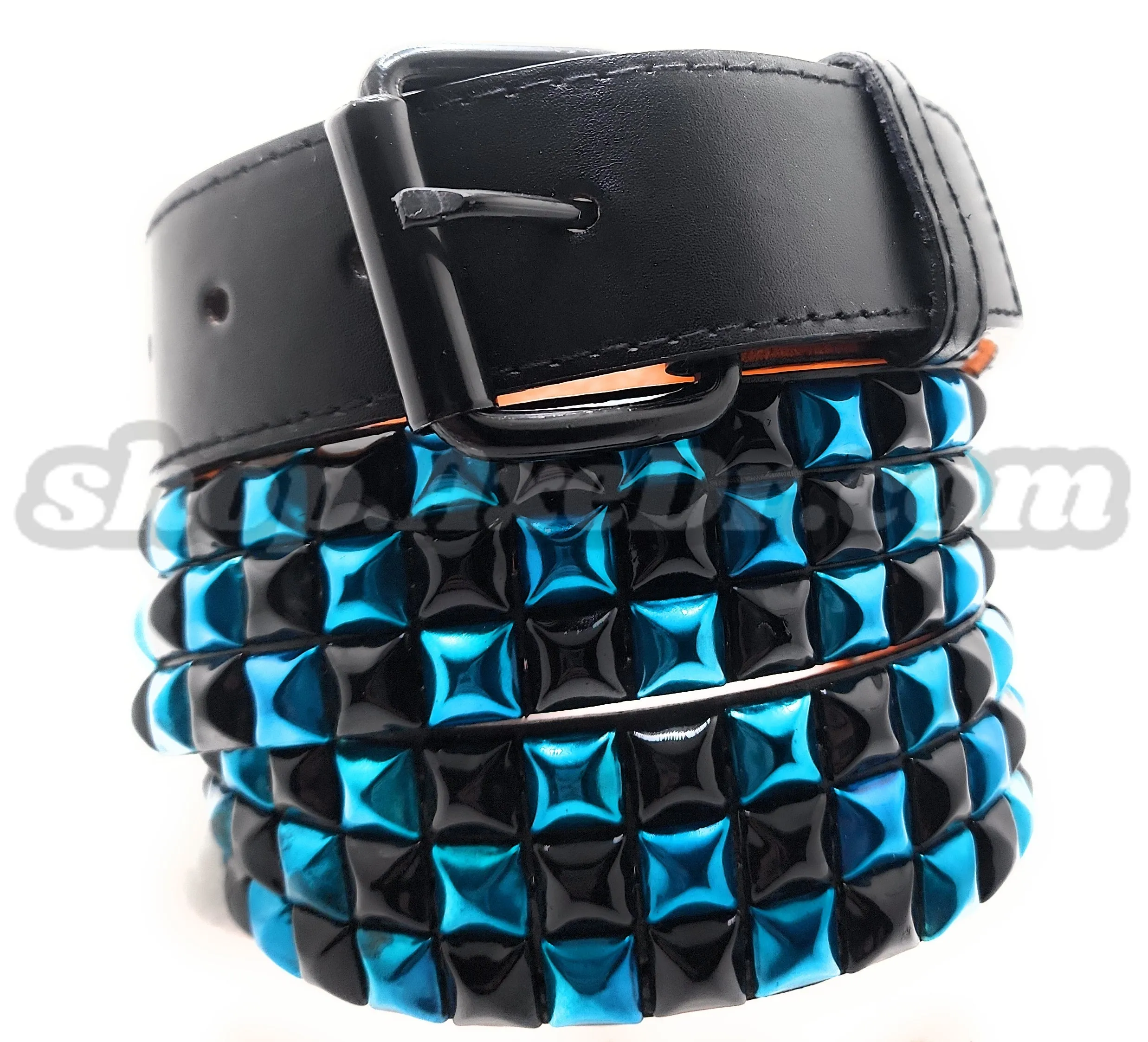 Handmade Sky Blue and Black Checker Pyramid Studded Stitched Leather Belt Punk