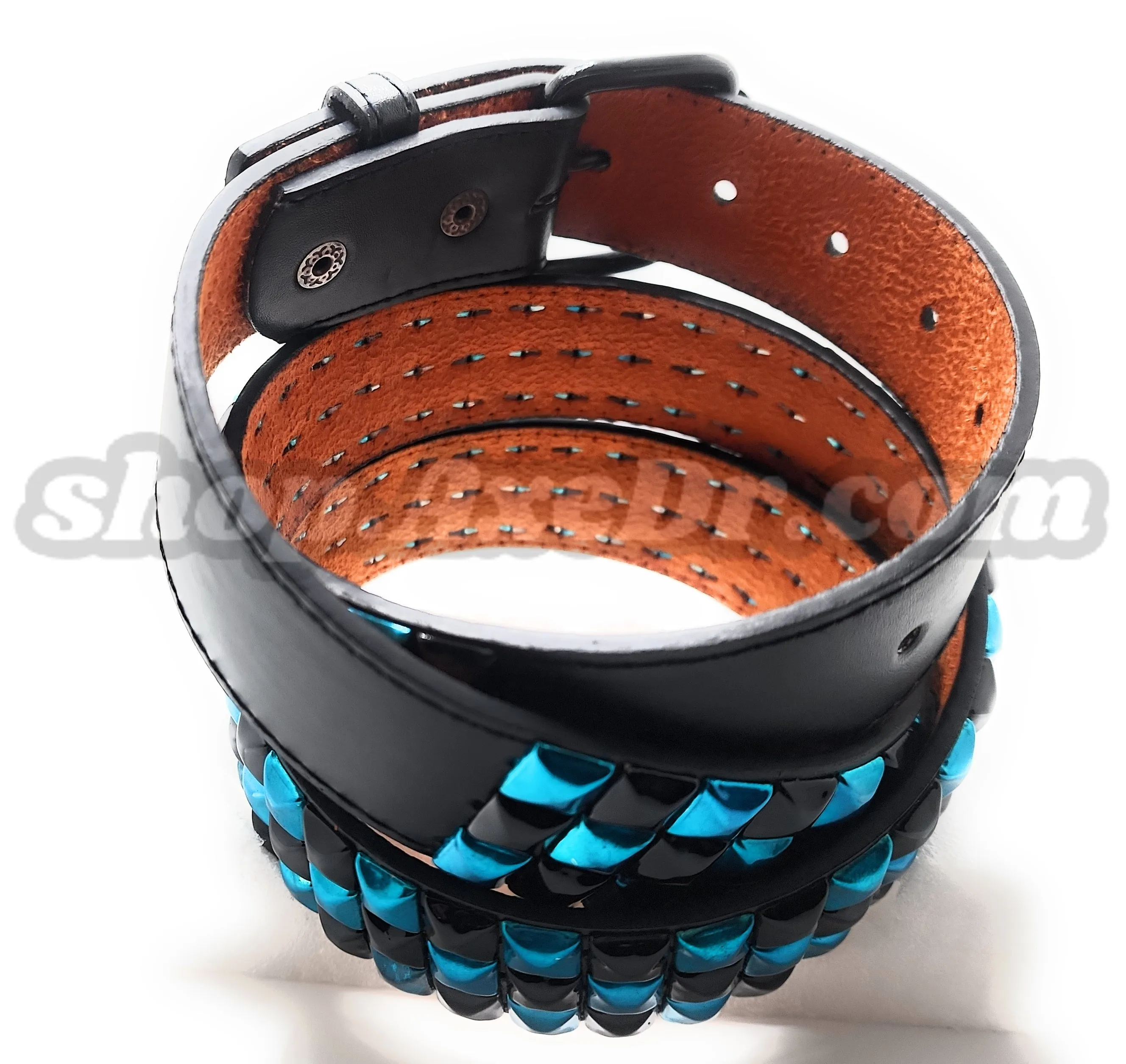 Handmade Sky Blue and Black Checker Pyramid Studded Stitched Leather Belt Punk