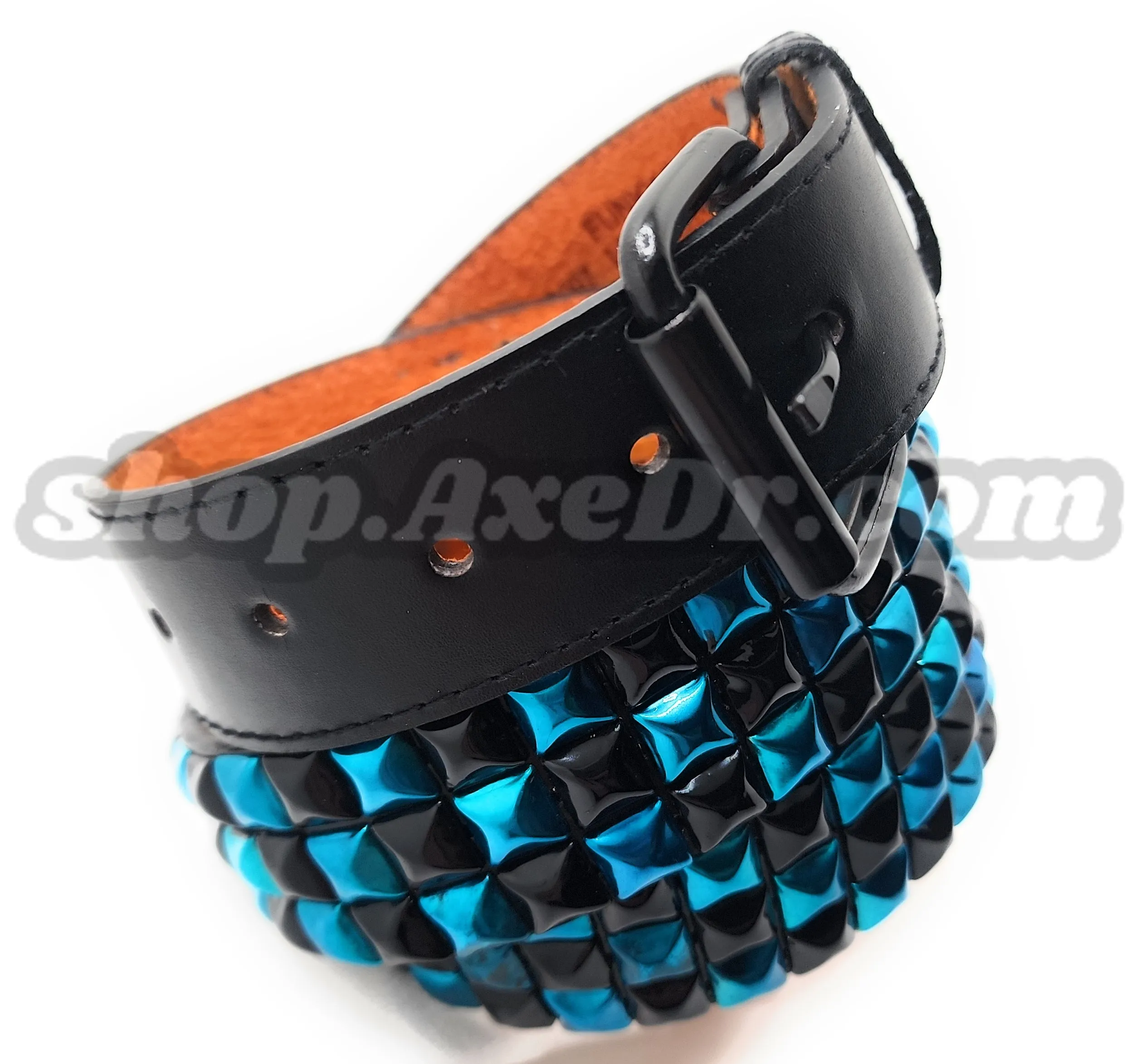 Handmade Sky Blue and Black Checker Pyramid Studded Stitched Leather Belt Punk