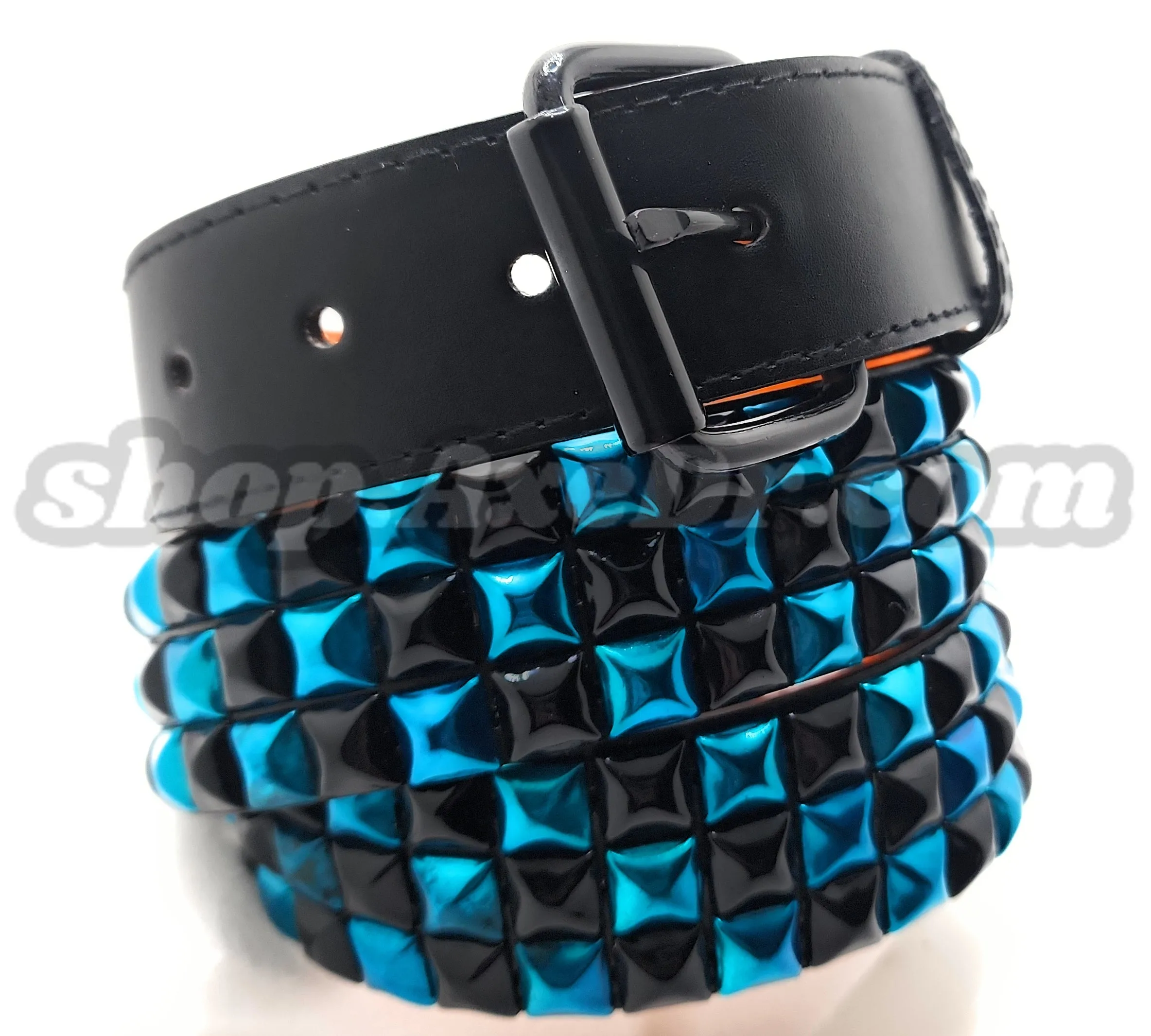 Handmade Sky Blue and Black Checker Pyramid Studded Stitched Leather Belt Punk