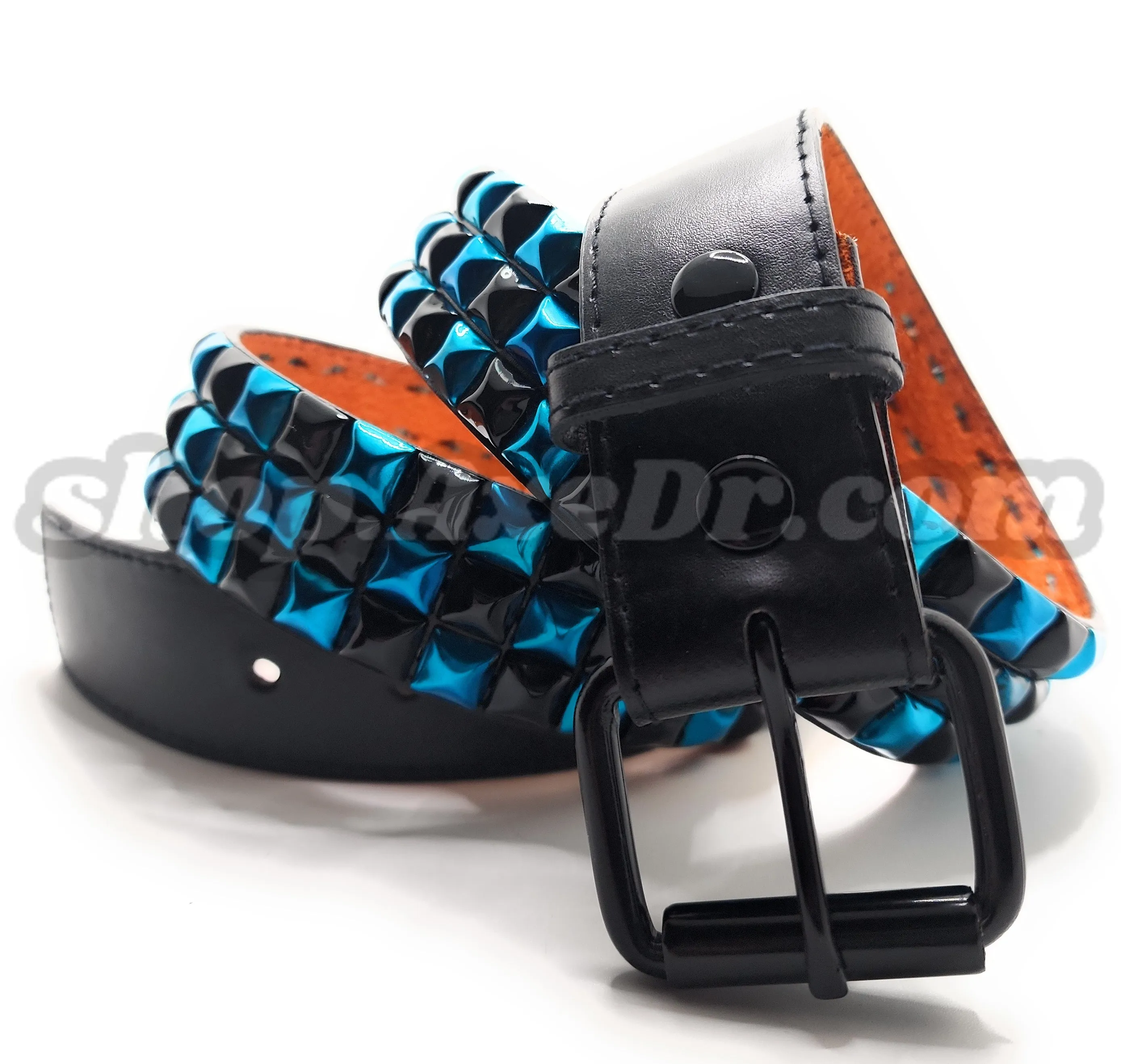Handmade Sky Blue and Black Checker Pyramid Studded Stitched Leather Belt Punk