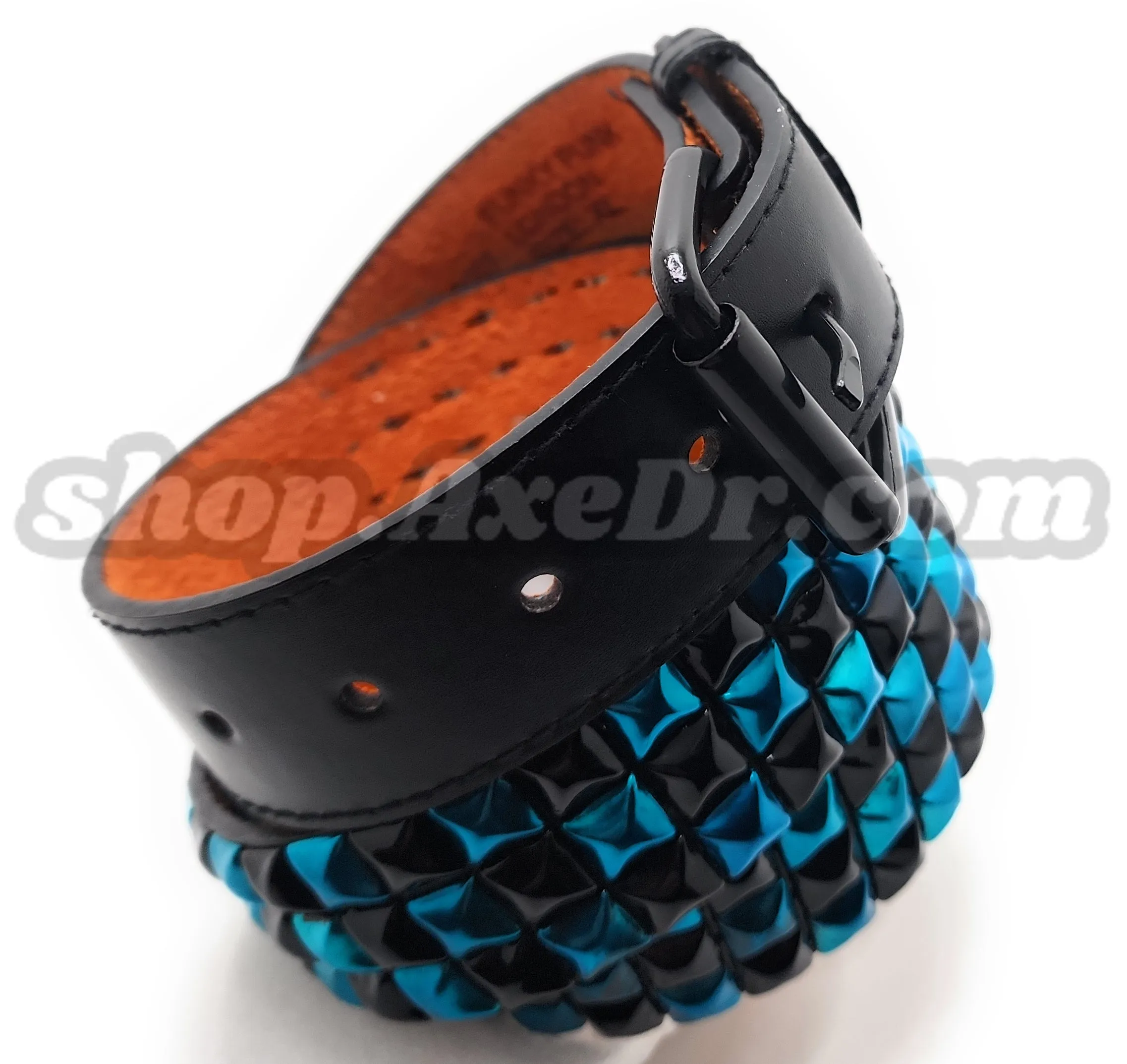 Handmade Sky Blue and Black Checker Pyramid Studded Stitched Leather Belt Punk