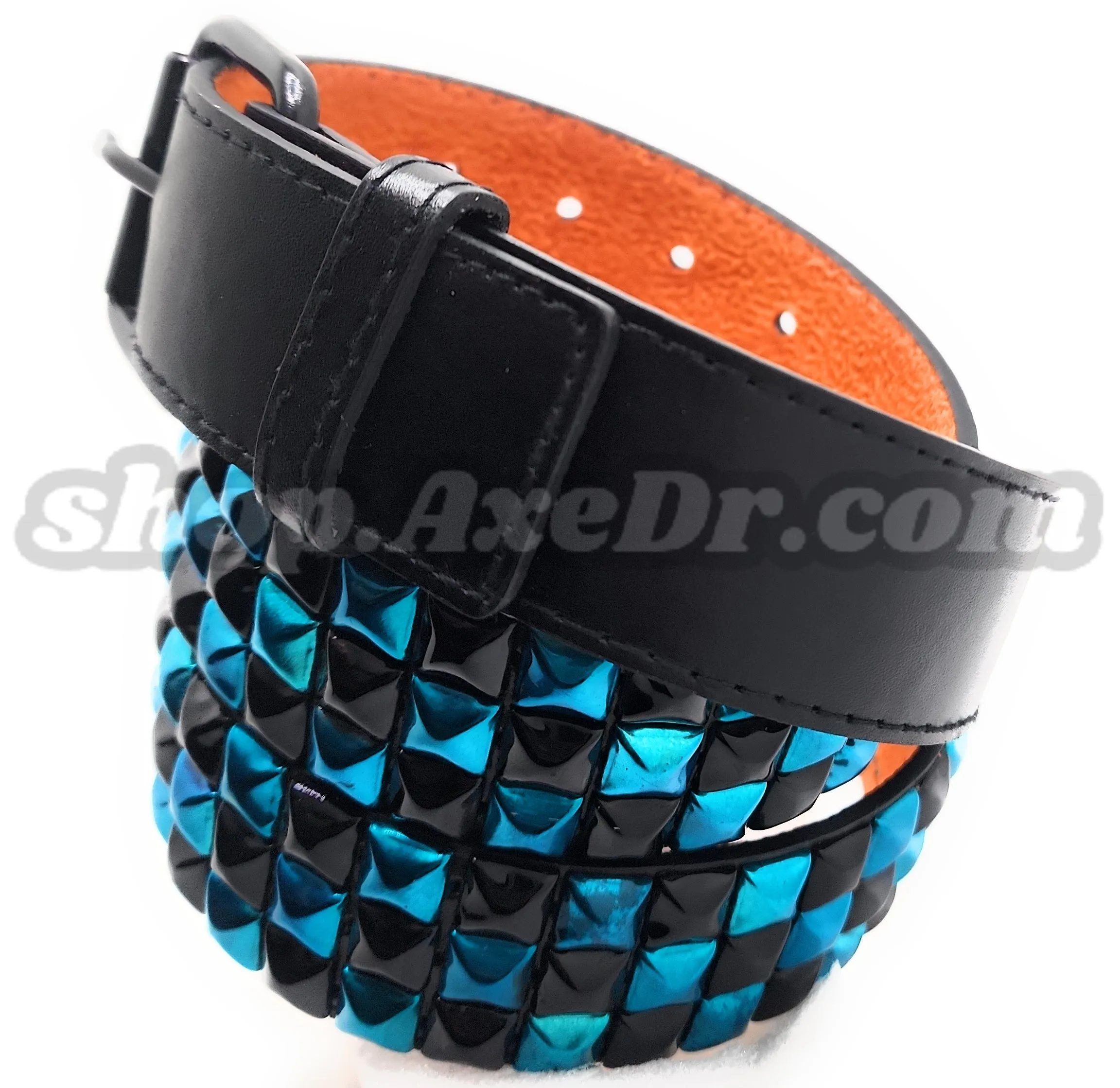 Handmade Sky Blue and Black Checker Pyramid Studded Stitched Leather Belt Punk