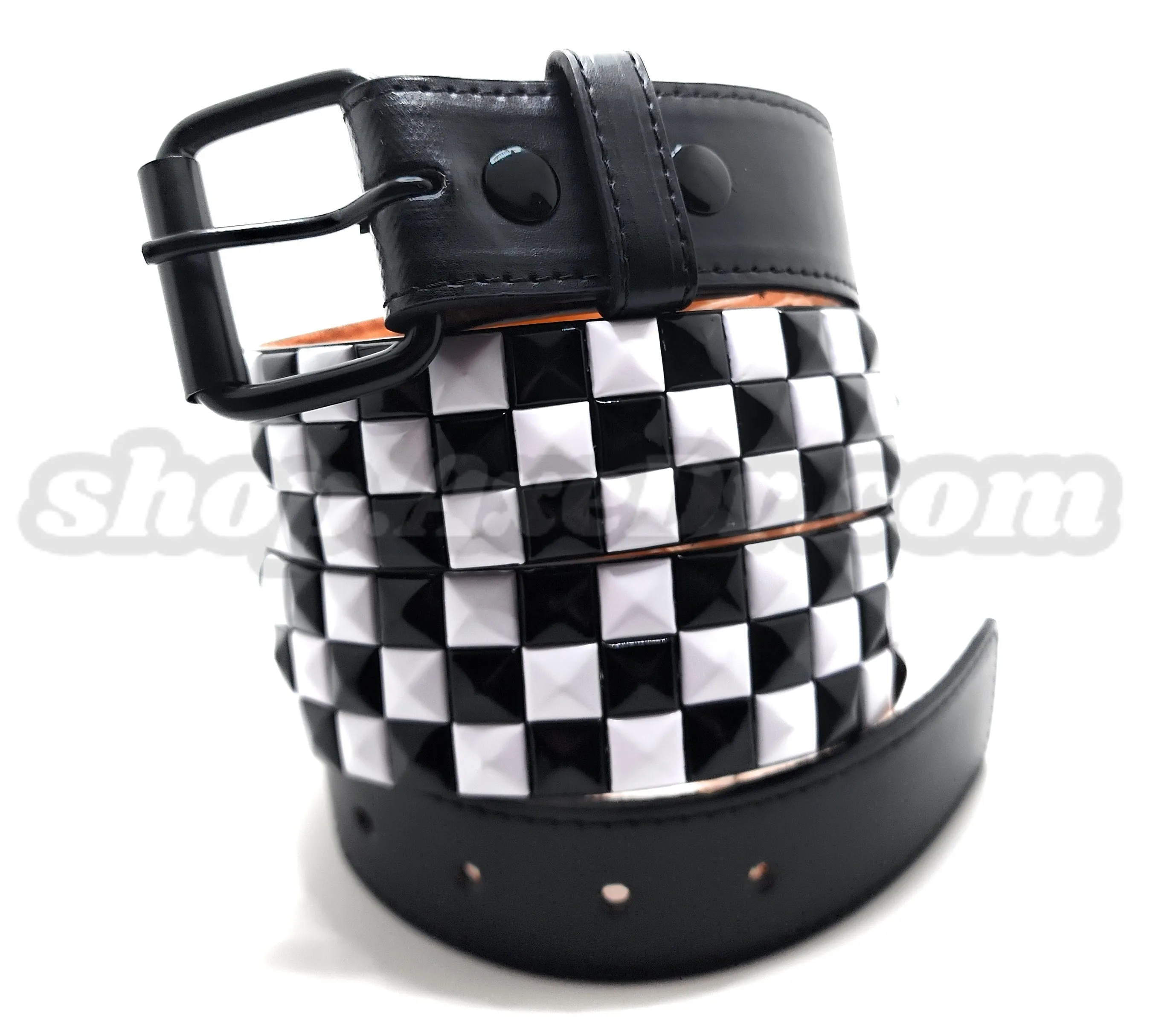 Handmade White and Black Checker Pyramid Studded Stitched Leather Belt Punk