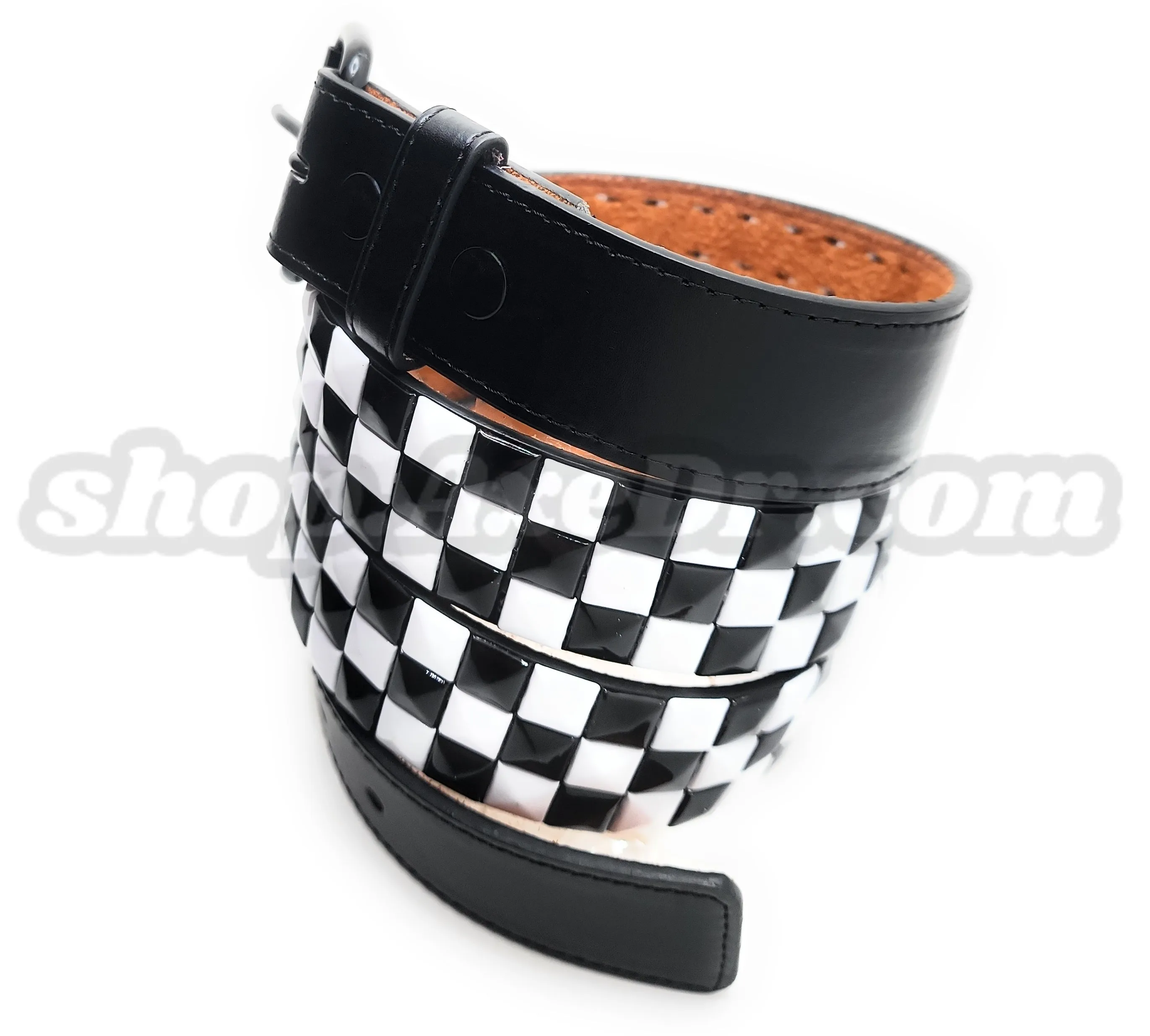 Handmade White and Black Checker Pyramid Studded Stitched Leather Belt Punk