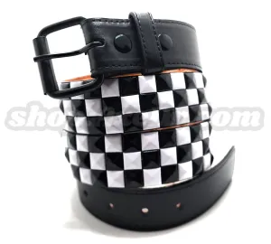 Handmade White and Black Checker Pyramid Studded Stitched Leather Belt Punk